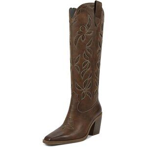 Women Knee Dark Brown Faux Leather Pull On Tab Chunky Heel Pointed Toe Boots